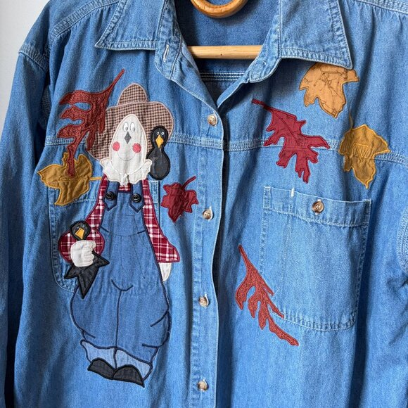 Vintage Denim Scarecrow Button Down Long Sleeve Top Women's Large - Picture 4 of 5
